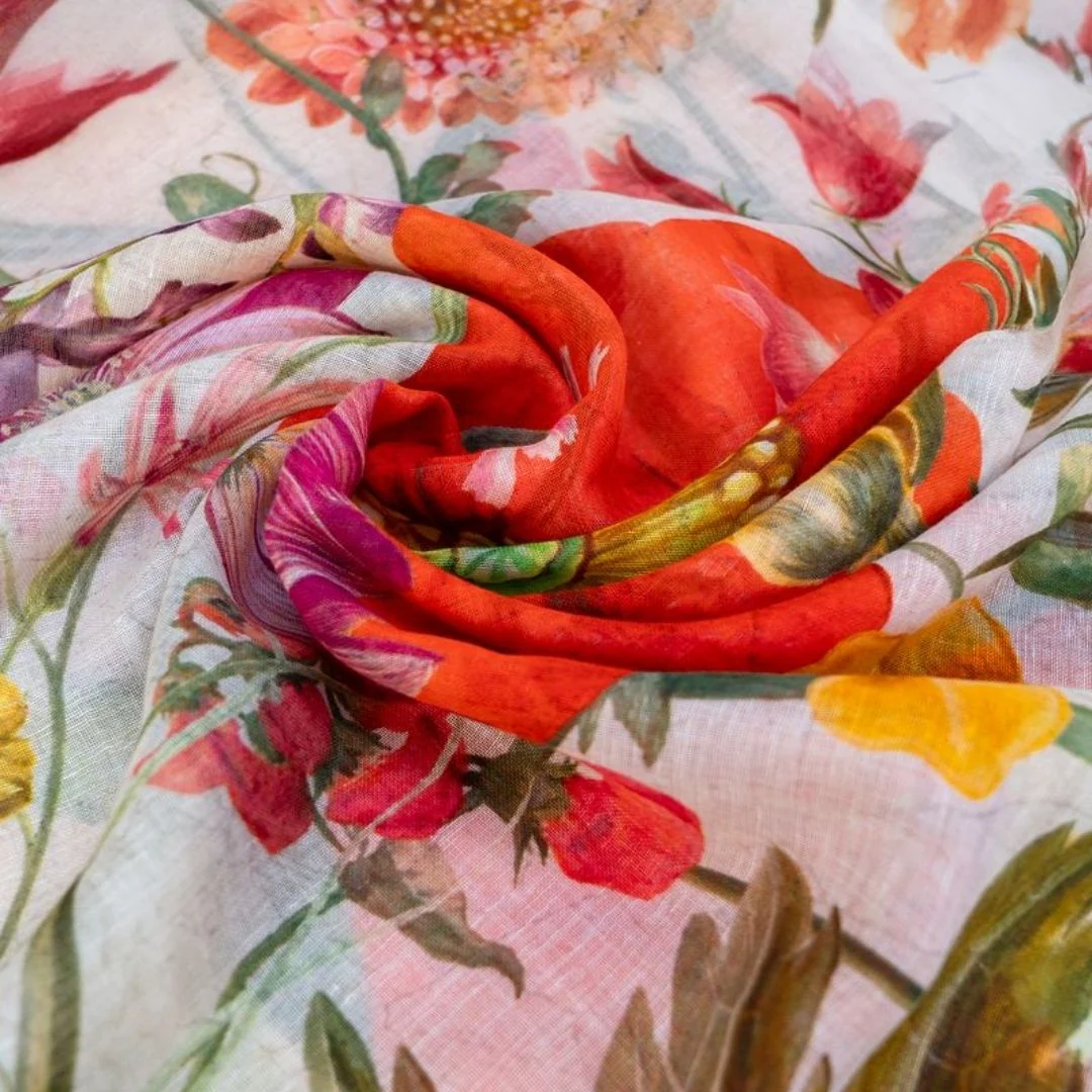 Linen/Cotton Mix Scarf Fine Flowers - Cream - Image 3
