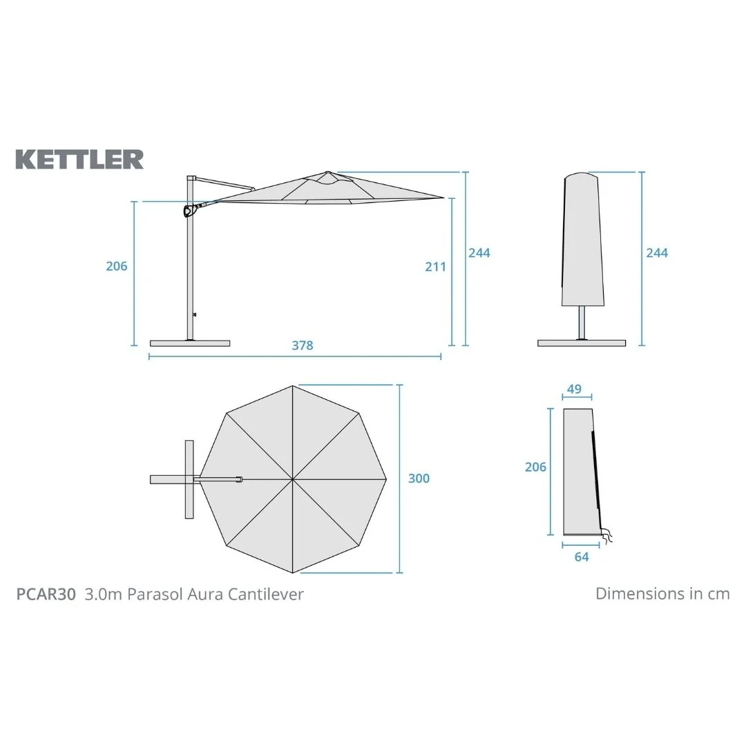 Kettler Aura Free Arm Round Parasol 3m - Stone - Image 5